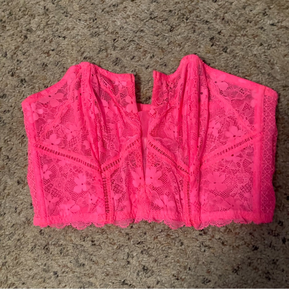 NWT Victoria’s Secret neon pink lace mesh mini corset longline bra lingerie top